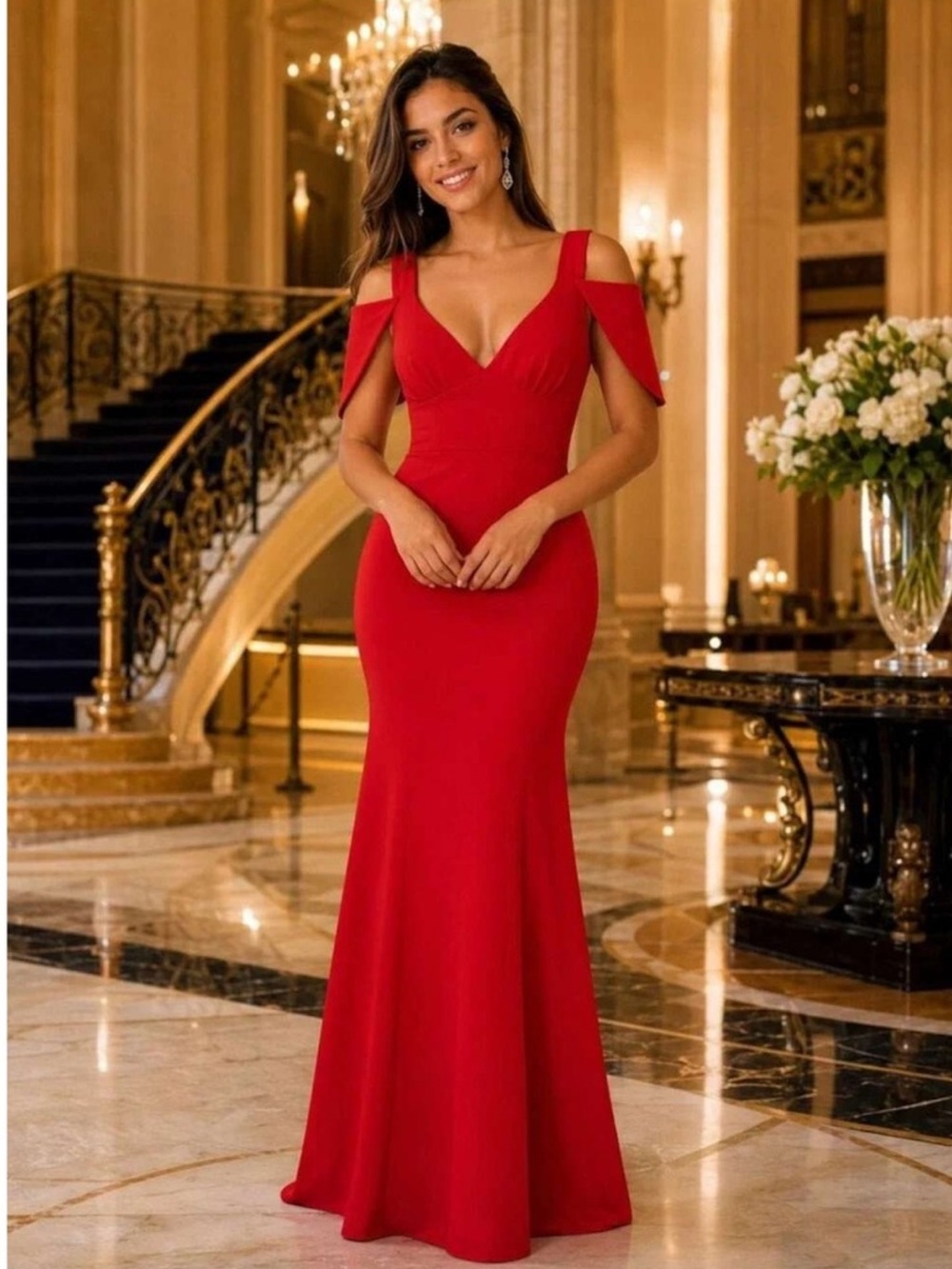 ABS by Allen Schwartz Red Cold Shoulder Mermaid Evening Gown